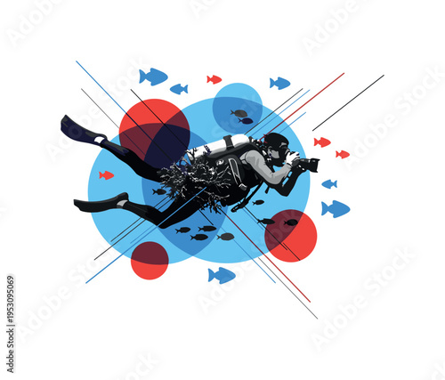 Monochrome diver photographing marine life underwater, combined with overlapping blue and red circles and thin diagonal lines implying motion and currents,
