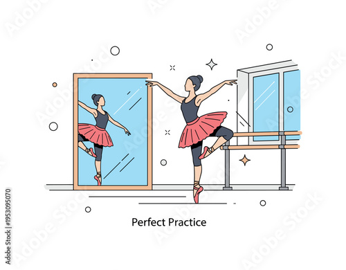 A ballet dancer practicing in front of a mirror in a dance studio, gracefully extending an arm while balanced on tiptoe. Subtle reflection details and a short