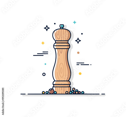 Rustic wooden pepper mill traditional tall grinder silhouette with subtle wood texture lines and scattered peppercorn accents at the base. A warm concept badge