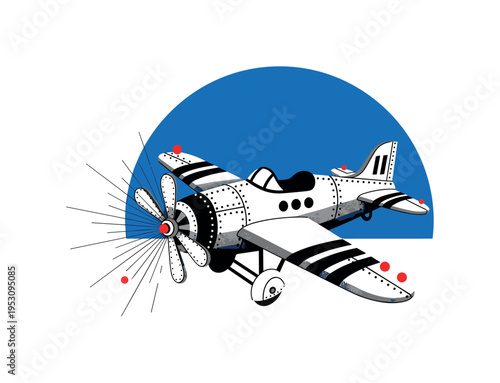 Black and white retro metal toy airplane with exaggerated rivet details simplified into geometric patterns, bold electric blue semicircle behind like sky dome,