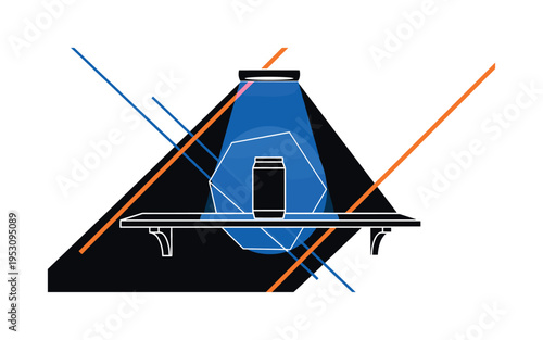 Black and white retail display shelf with featured product centered, geometric spotlight circle and dynamic diagonal lines in electric blue and bright orange,