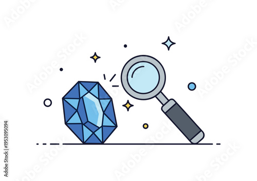 Sapphire gemstone next to a small magnifying loupe with subtle light glinting, showing inspection, clarity, and quality in gem evaluation. Minimalist flat