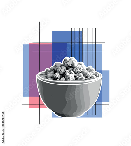 Front-facing black and white smoothie bowl topped with granola clusters, layered with overlapping blue and pink flat geometric shapes and thin vertical grid