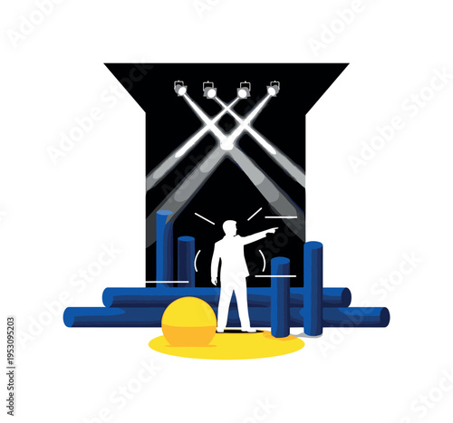 Black and white spotlight beams crossing above a director pointing at actors off-frame, vivid yellow circle beneath like a stage sun, deep blue cylindrical