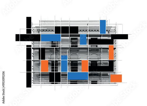 Black and white retro-style historic building facade partially covered in scaffolding, bold geometric rectangles and thin grid lines structuring the