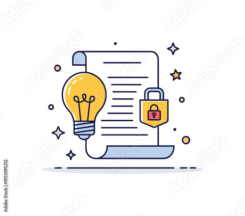 Intellectual property agreement depicted through a document combined with a lightbulb icon secured by a small lock, emphasizing protection of innovation and