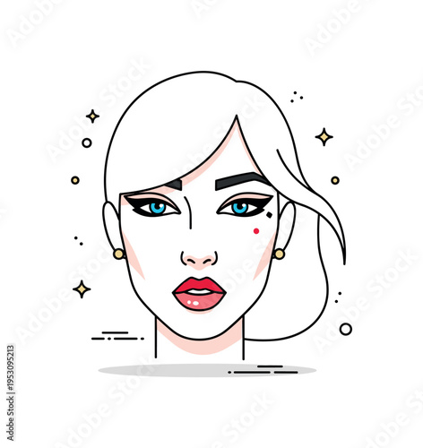 High fashion portrait concept showing a close up face with graphic eyeliner and vivid lip color as the focal point. Clean geometric hair silhouette and tiny