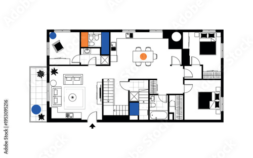 A monochrome top-down composition of a loft layout simplified into geometric floor plan blocks, bold squares and circles organizing functional zones, clean