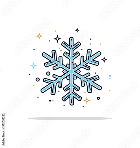 Microscopic snowflake detail concept featuring an enlarged crystal with intricate yet simplified branching and tiny sparkle points, expressing delicate