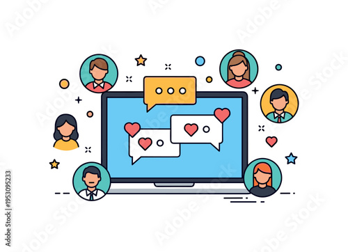 Online community support simplified laptop screen displaying chat bubbles and small heart reactions, with diverse avatars arranged around it. A contemporary