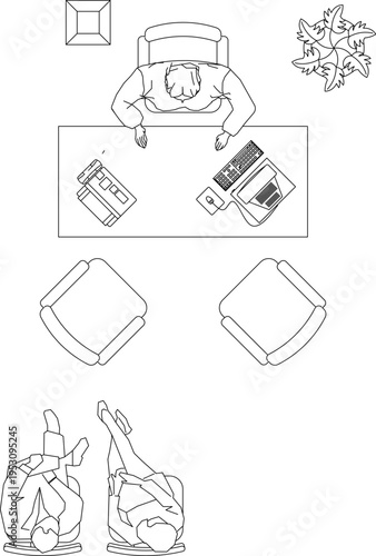 Technical interior design plan view showing office workspace layout with person at desk, computer, furniture pieces and human figures in various positions.