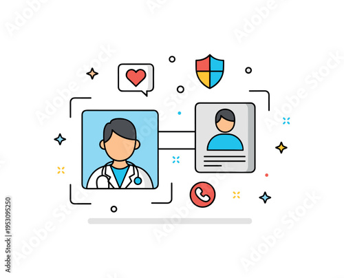 Telemedicine innovation connecting a doctor avatar and patient profile through a secure video call frame with small heart and shield icons,