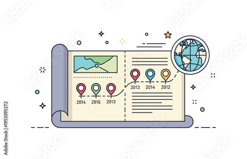 Historical timeline exploration open scroll map with small date markers connected by a thin line and a globe icon at one end. A compact illustration about