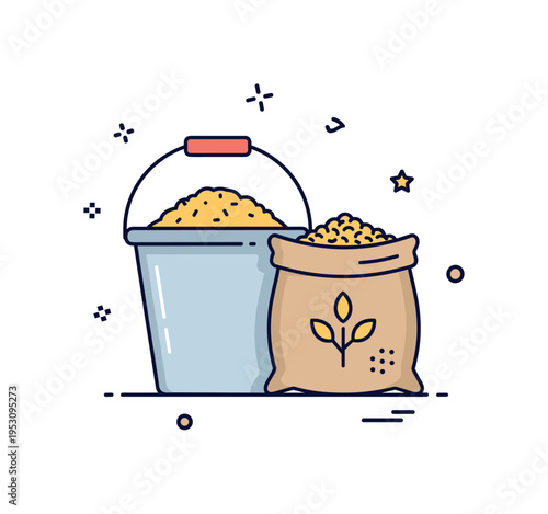 Farm storage solution depicted by a feed bucket placed beside a sealed grain sack, representing organized supply management and resource planning. The compact
