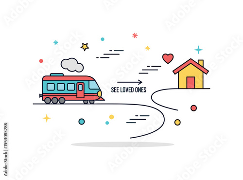 Traveling to see loved ones concept centered on a train icon moving toward a small home symbol, connected by a curved path line to represent distance overcome.