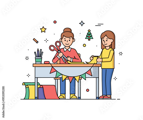 Classroom holiday crafts illustrated through a desk with colored paper, scissors, and a half-finished garland, expressing creativity and hands-on celebration.