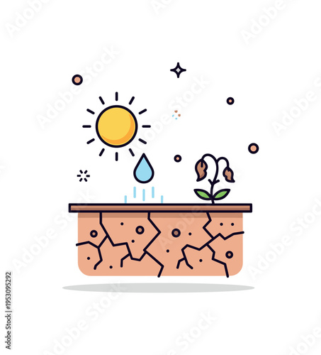 Drought conditions cracked soil pattern beneath a bright sun icon and a small wilted plant silhouette. A minimal editorial illustration about water scarcity