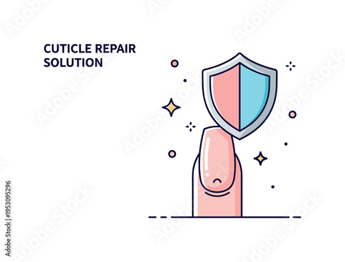 Cuticle repair solution illustrated by a protective shield icon overlaying a nail base, expressing barrier care and damage prevention. The scene conveys safety