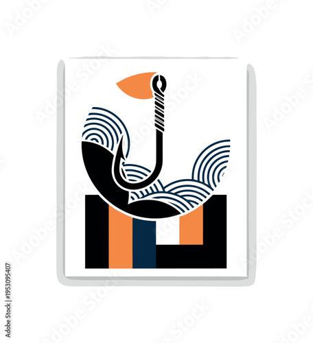 A monochrome fishing hook transformed into an abstract circular symbol of renewal, flat geometric semicircles forming waves, structured rectangular blocks