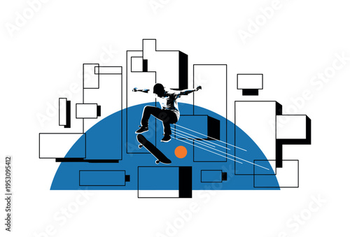 Black and white skateboarder silhouette performing trick over abstract rectangular blocks, large flat blue semicircle framing lower half, thin motion lines