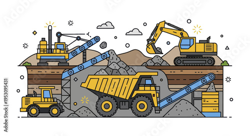 Heavy machinery working in a mine with excavators and dump trucks.