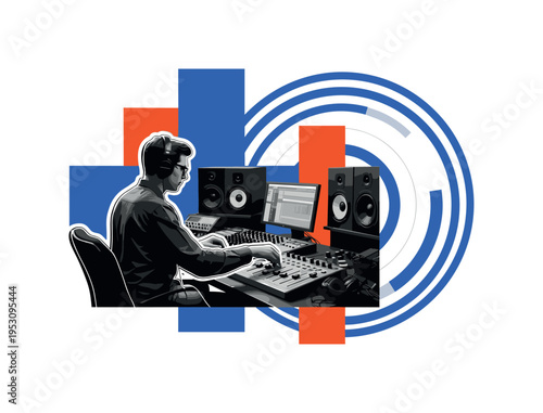 Black and white retro-style music producer seated at a mixing desk adjusting sliders, bold concentric circles radiating from studio monitors symbolizing sound