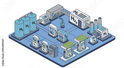Hydrogen energy production and distribution facility illustration.