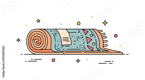 Folded geometric rug ready for delivery shown as a neatly rolled textile with visible patterned edge and small tag label, symbolizing home decor shopping and