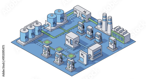 Hydrogen Fueling Station and Production Facility Isometric Illustration.