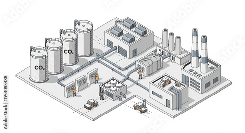 Industrial Carbon Capture and Storage Facility with CO2 Tanks.