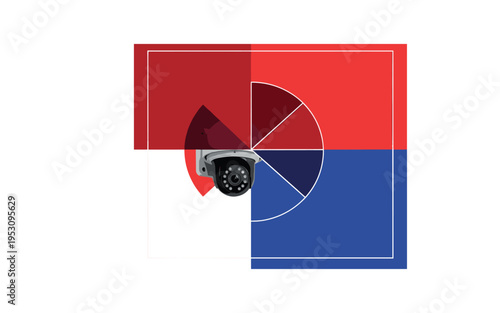 Black and white realistic dome camera mounted on a corner edge, bold semicircles radiating from its lens, flat contrasting panels in red and ultramarine