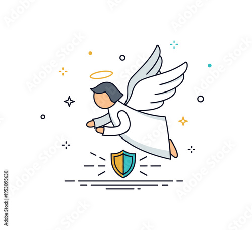 Guardian angel winged character gently hovering above a small shield symbol, with soft rays radiating outward to suggest protection and guidance. The scene