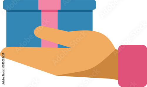 Hand holding and offering a wrapped blue gift box with pink ribbon