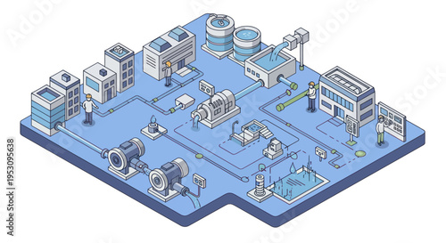 Industrial complex with interconnected machinery and buildings.