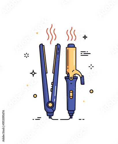 Heat styling tools flat iron and curling wand placed side by side with gentle heat wave lines rising upward. A modern editorial badge about sleek straightening