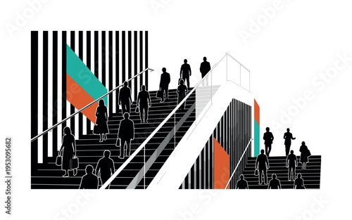 Black and white staircase filled with silhouettes descending calmly, strong vertical and diagonal linear guides reinforcing direction, vivid teal and burnt