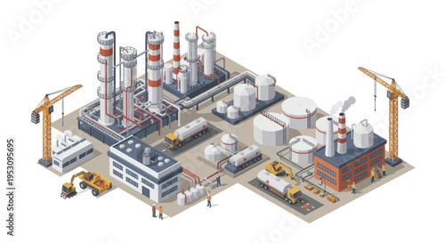 Industrial complex with towers tanks and cranes isometric view.