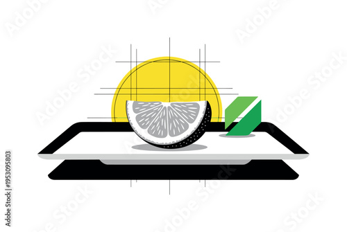 Black and white lemon wedge resting on abstract rectangular plate shape, bright yellow circle behind intersected by thin grid lines, small green geometric leaf