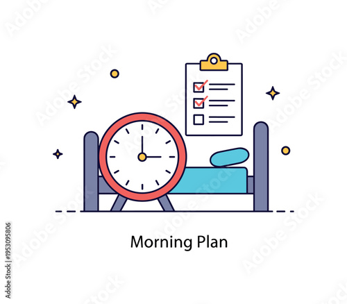 Productivity mindset illustration featuring a bedside clock paired with a small checklist icon, symbolizing planning and time awareness. A concise ?Morning