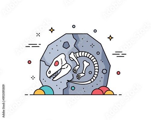 Fossilized remains of a prehistoric creature partially embedded in rock, highlighting paleontology, discovery, and natural history. Minimalist flat vector