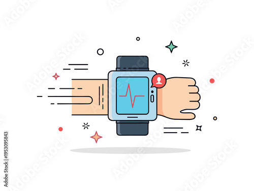 Wearable health tracker concept illustrated by a wrist device showing a pulse line and small notification icon. Gentle motion curves and decorative dots