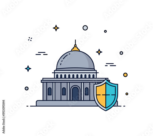 Sacred monument preservation shown through a domed building silhouette protected by a subtle shield icon, emphasizing conservation and respect for historical