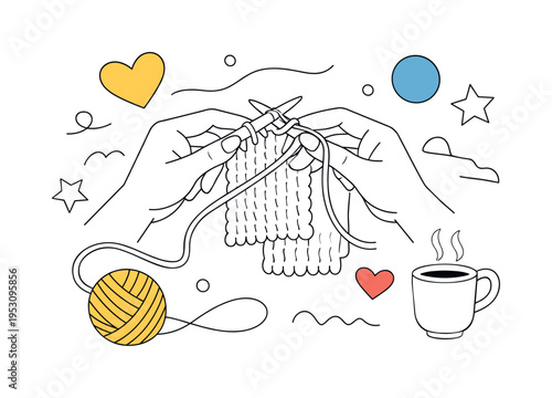 Knitting a scarf. Hands moving rhythmically with needles, soft yarn looping smoothly in the air. Calm, cozy mood of slow handmade creation. Modern flat-line