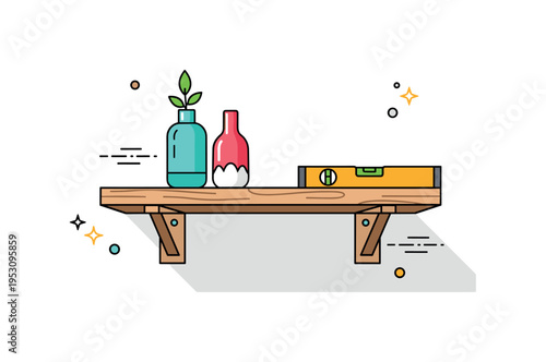 Floating shelf installation wooden shelf mounted on a minimal wall with a level tool and two small decor items placed neatly on top. A compact concept badge