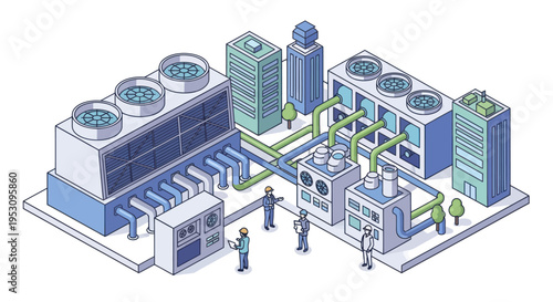 Industrial cooling towers and machinery in a modern facility.