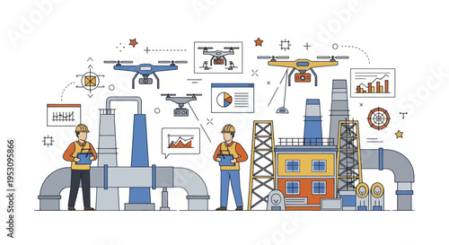 Industrial Drones Inspecting Factory Infrastructure with Engineers.