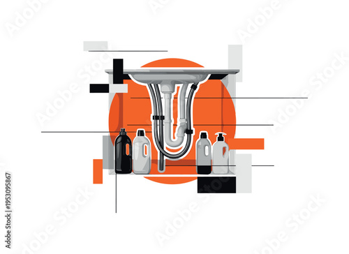 Black and white realistic under-sink cabinet interior with visible curved pipes and cleaning bottles, layered with a bold orange circle behind the plumbing