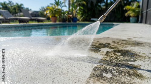 Wallpaper Mural Pressure washing dirty concrete pool deck with high pressure water jet cleaning away grime and algae stains Torontodigital.ca