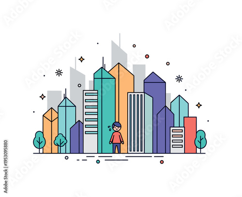 Urban loneliness small figure surrounded by tall geometric building shapes that rise above, emphasizing scale and anonymity. A minimal editorial scene about