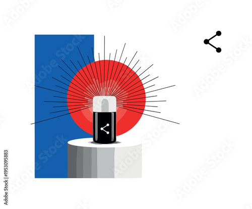 Black and white product positioned on minimalist pedestal with ring light glow effect, bold red circular accent behind the pedestal, blue rectangular block